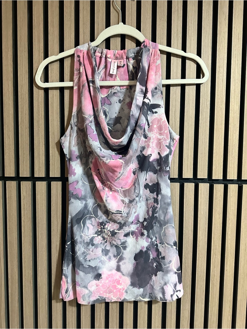 Sweet Pea Y2K Women’s Micro Mesh Floral Cowl Neck Sleeveless Office Gray Pink M